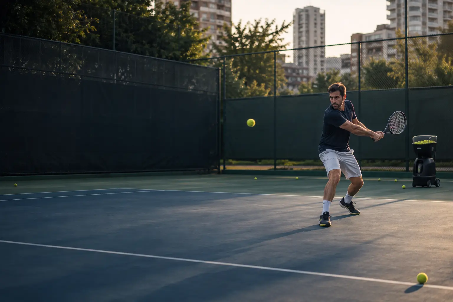 Tenis kortunda top makinesiyle bireysel antrenman yapan oyuncu