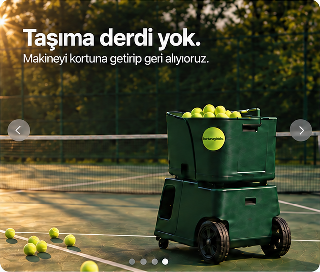Taşıma derdi yok. Makineyi kortuna getirip geri alıyoruz. Gün batımında top makinesi ve tenis topları.